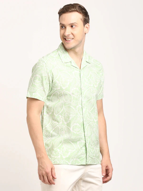 Indian Terrain Men's Slim Fit Half Sleeve Tropical Print Green Shirt